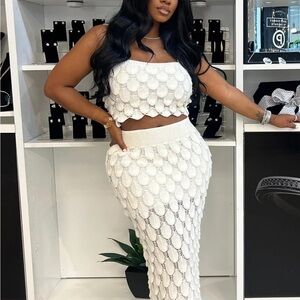 Cami Crop Top Texture Bodycon Maxi Skirt Knit 2pcs Set-White